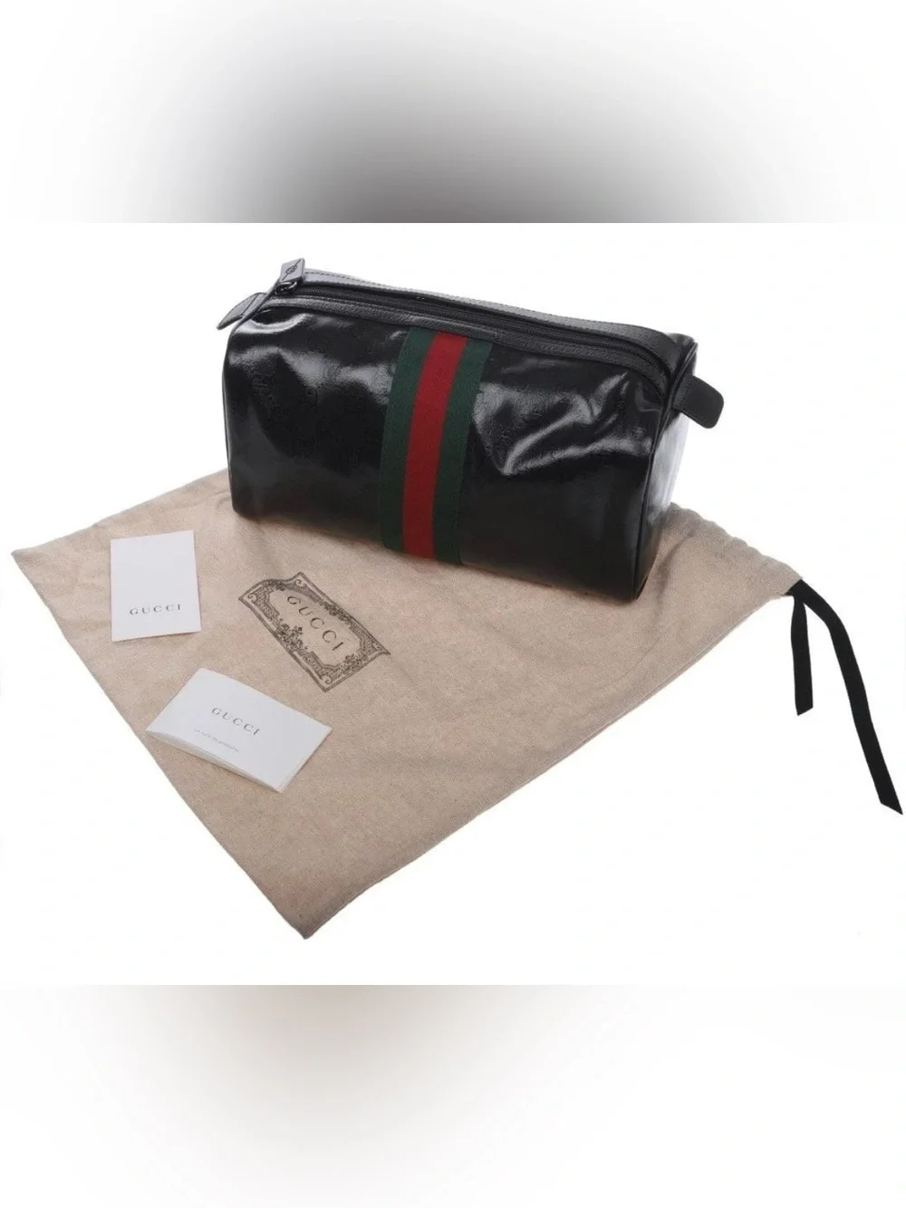 NEW GUCCI BLACK GG CRYSTAL CANVAS LEATHER WEB LOGO TOILETRY CASE HAND BAG UNISEX